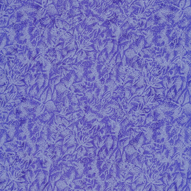 Tonal purple blue fabric features mottled design with metallic frost accents