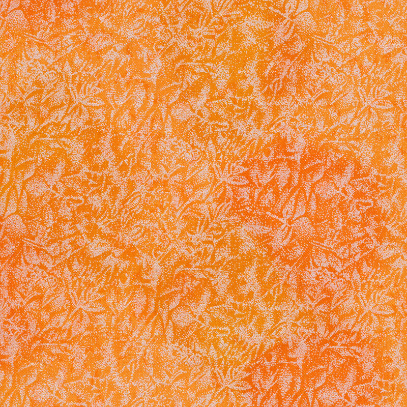 Tonal orange fabric features mottled design with metallic frost accents