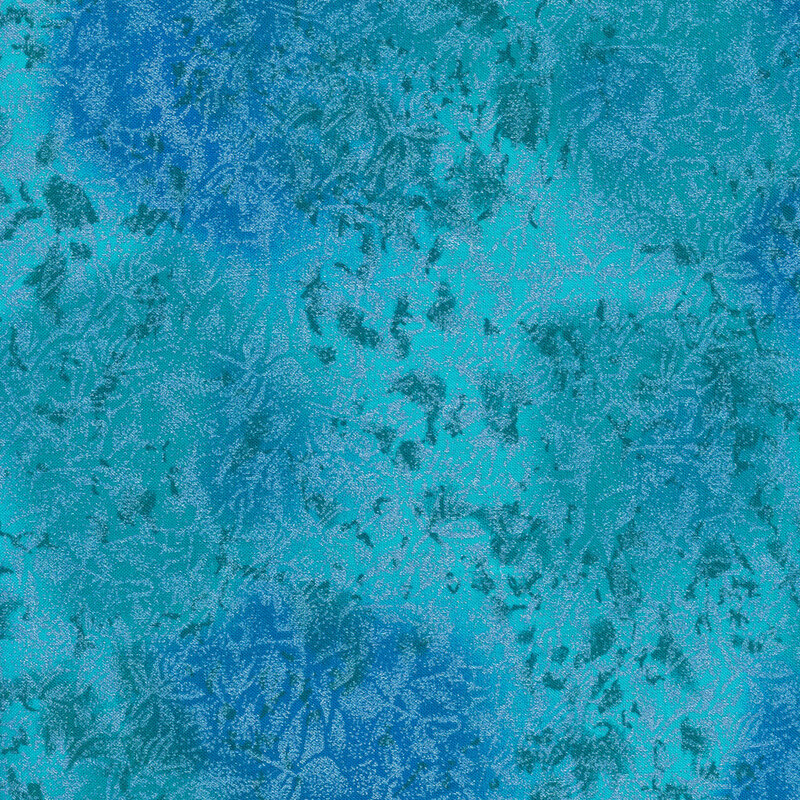 Tonal turquoise blue fabric features mottled design with metallic frost accents