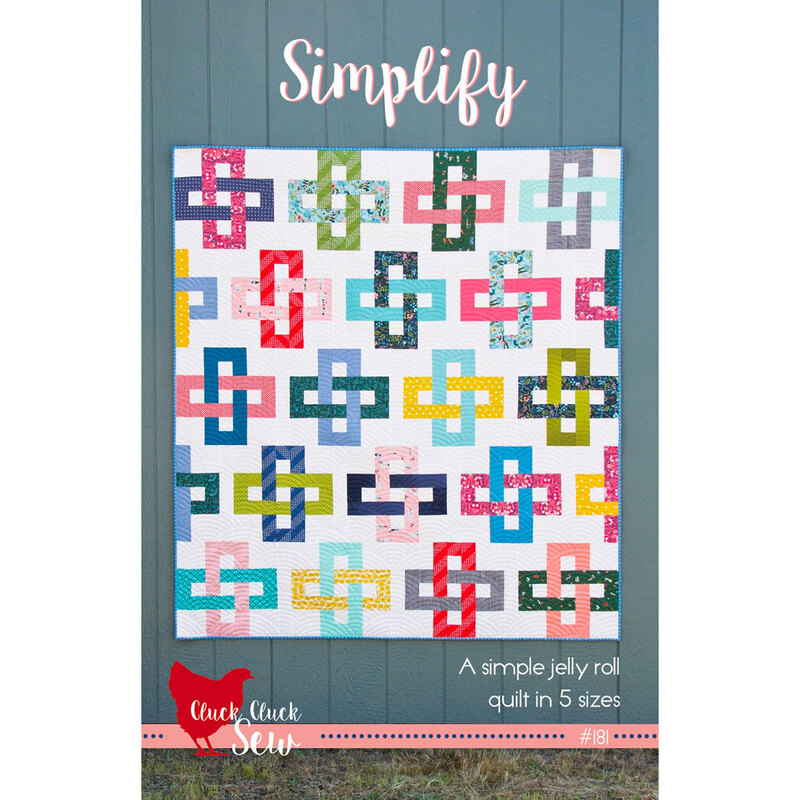 The front of the Simplify quilt pattern by Cluck Cluck Sew a Colorful quilt design featuring a geometric pattern of interlocking shapes.