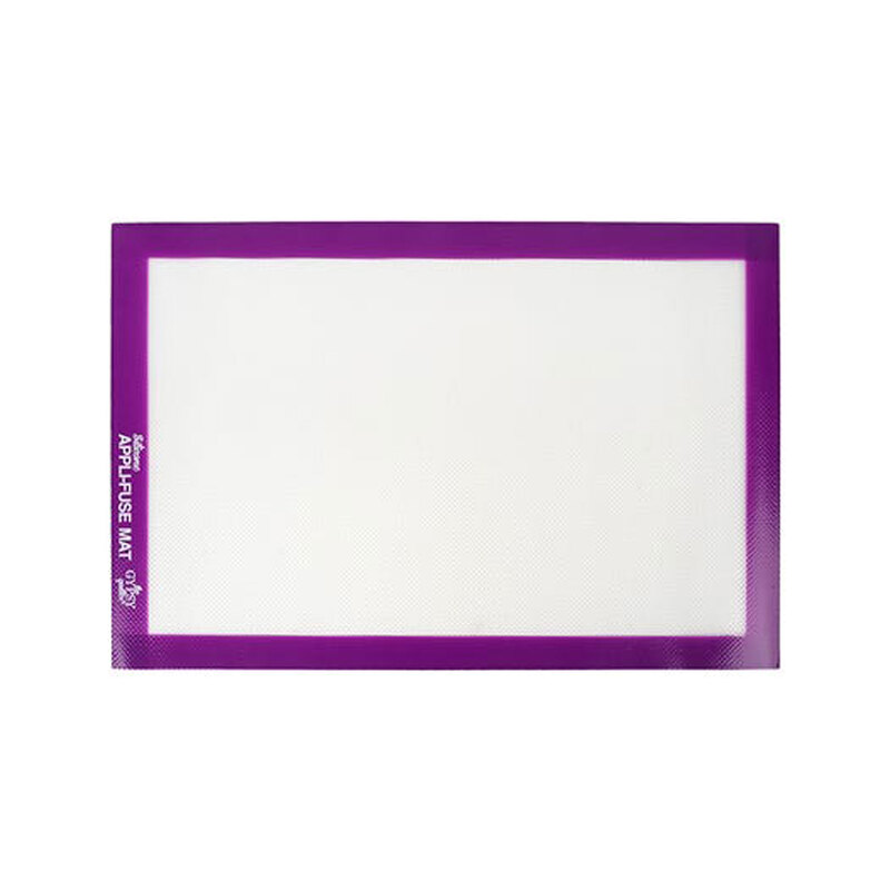 Silicone fusing mat with a purple border, featuring a smooth, white surface for easy preparation.