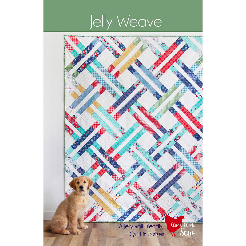 The front of the Jelly Weave pattern by Cluck Cluck Sew a colorful quilt with a woven look and a white background.