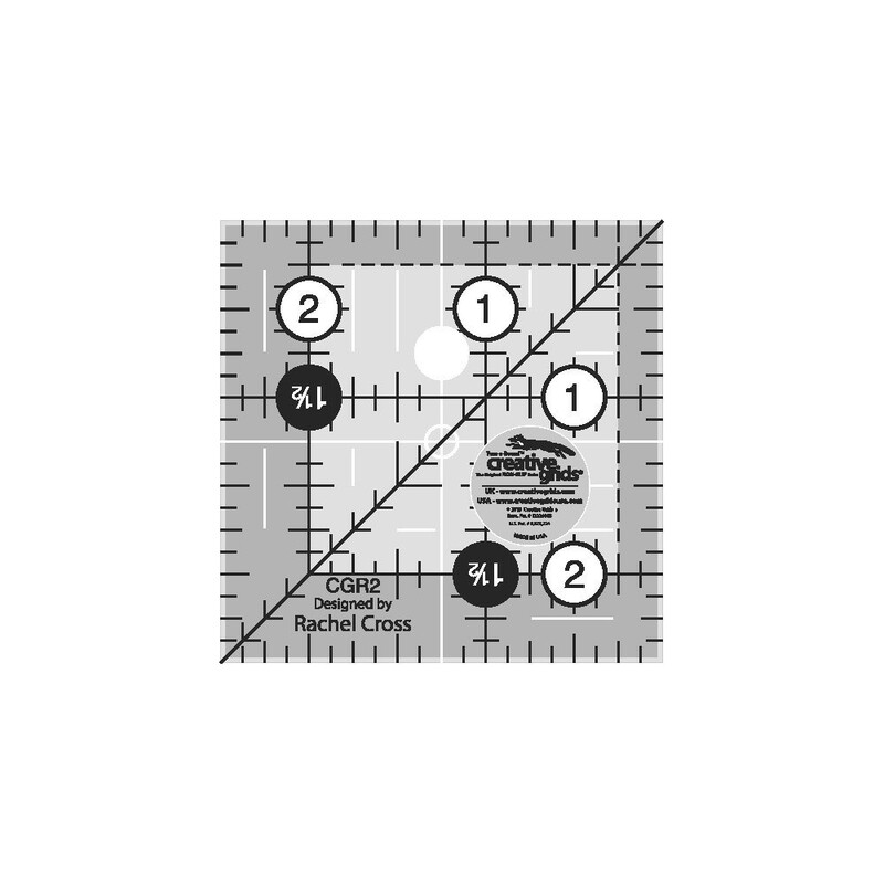 A square quilting ruler marked with grid lines up to 2