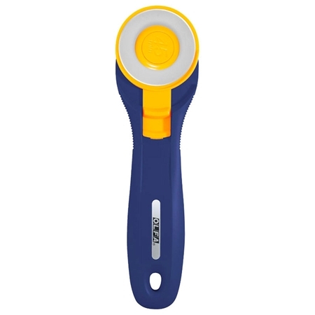 A blue and yellow rotary cutter with a circular blade and ergonomic handle.