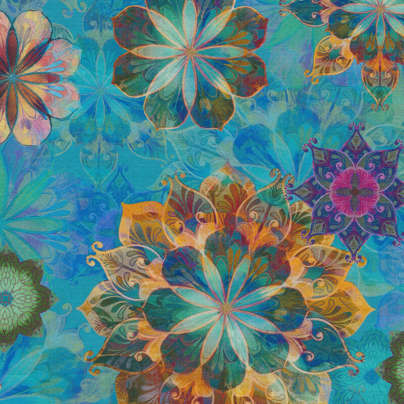 Multi colored flowers on an aqua background | Shabby Fabrics