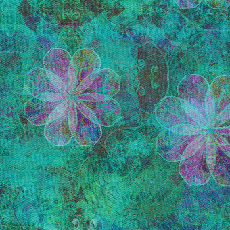 Multi colored flowers and swirls on a turquoise background | Shabby Fabrics