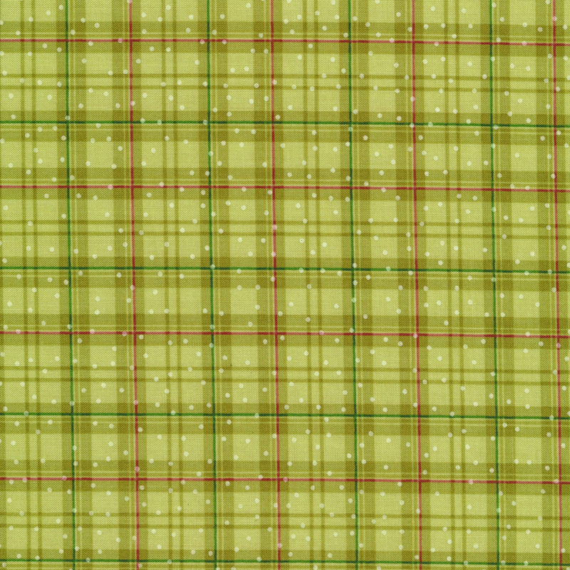 Fabric features red green olive plaid with cream dots on olive | Shabby Fabrics