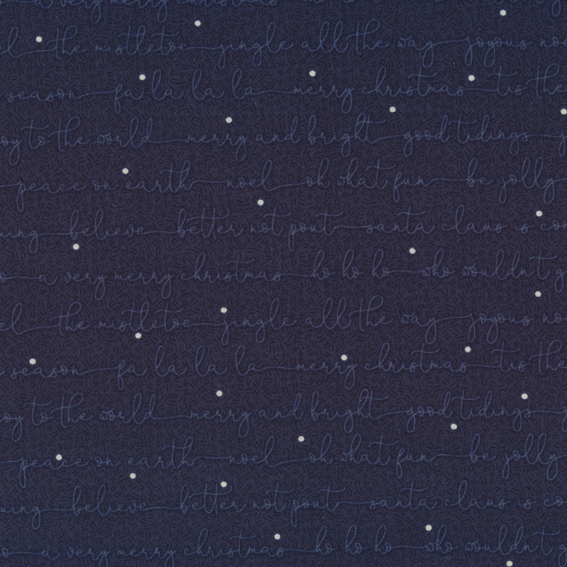 Fabric features blue tonal composite overlay Christmas script with cream dots | Shabby Fabrics