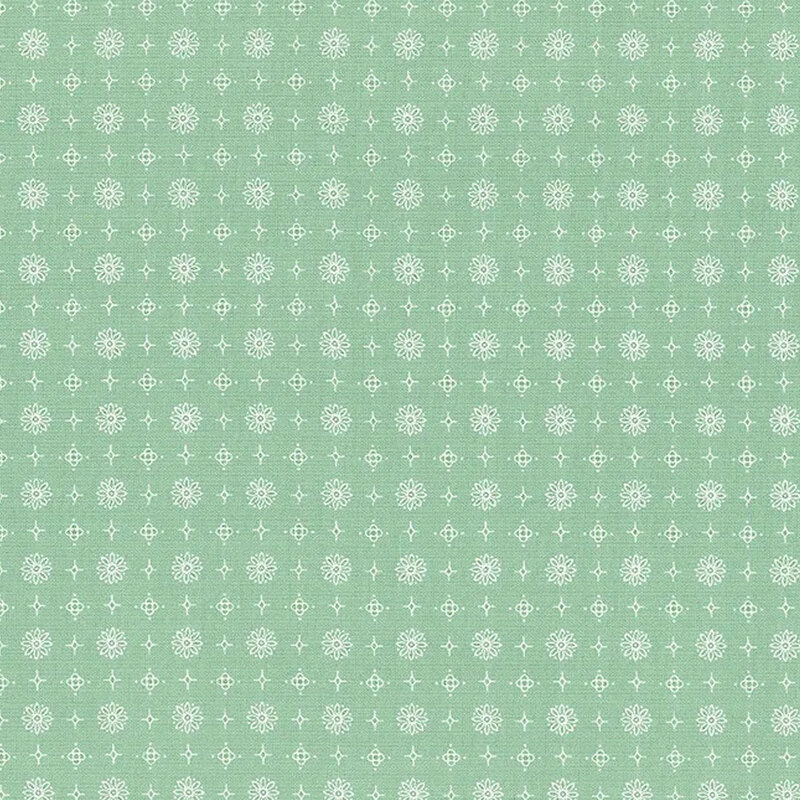 Light green background with a repeating pattern of white decorative motifs and shapes.