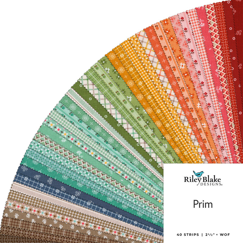 A spiral collage of the bright fabrics included in the Prim Rolie Polie.