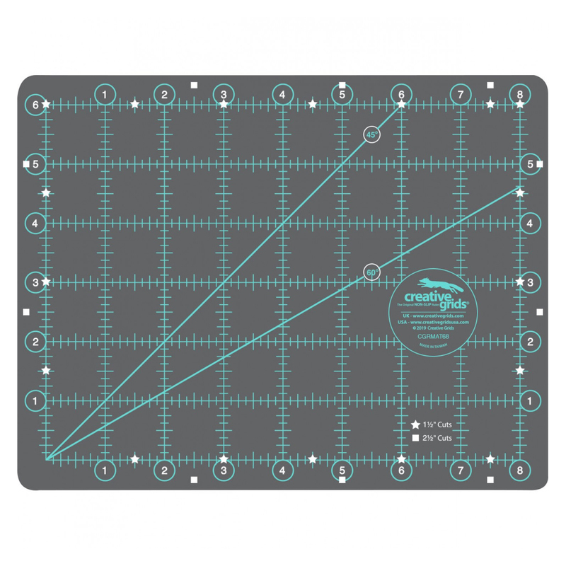 Cutting mat featuring a grid with measurement lines and markings for precise cutting.