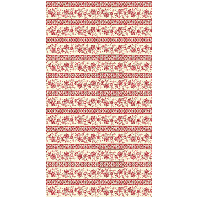 Full image border print repeat of tossed pink flowers on red stripes