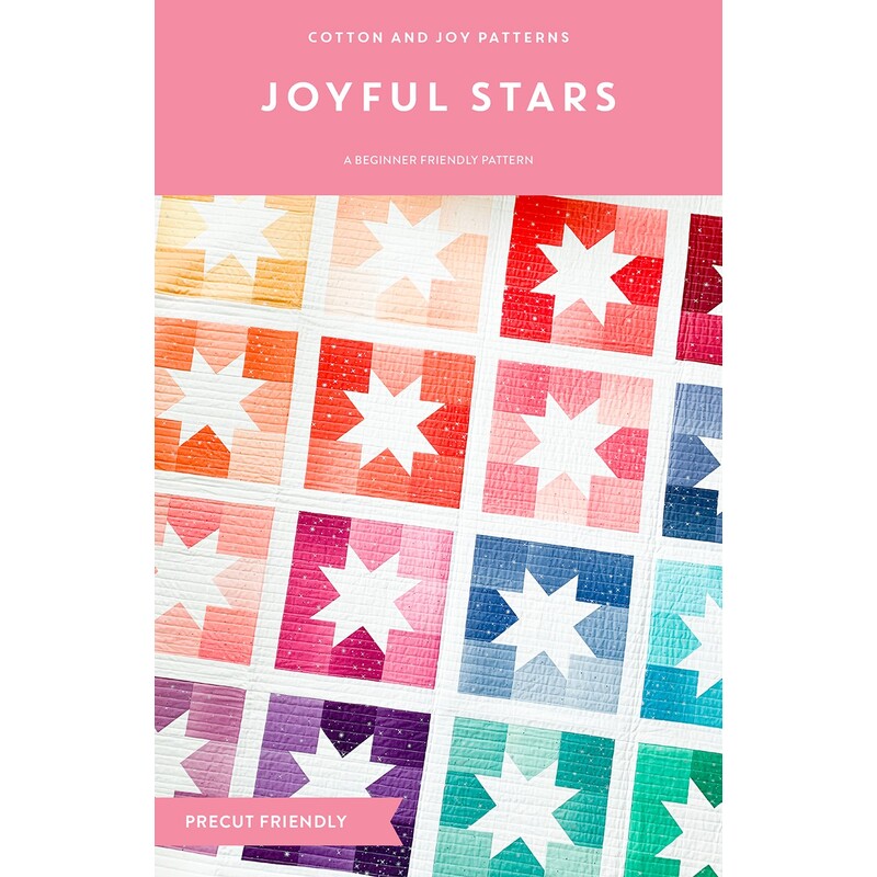 Cover of a quilting pattern titled Joyful Stars, featuring colorful star designs in a grid layout.
