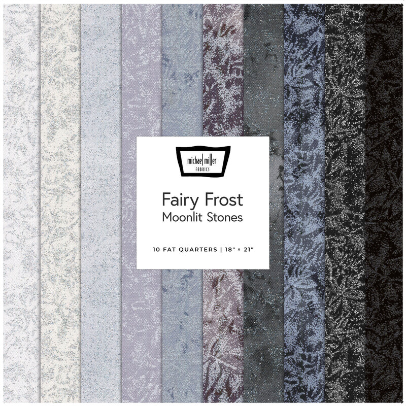 A collage of a Fairy Frost 10 FQ Set - Moonlit Stones, consisting of silvery glimmer fabrics