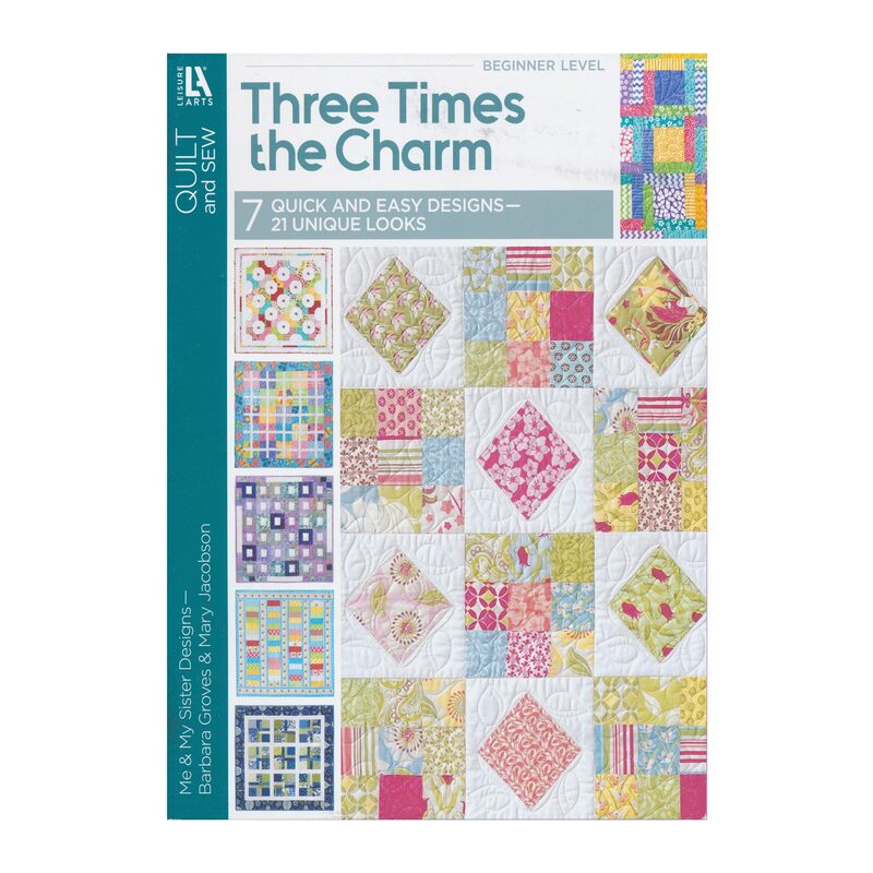 A book cover titled Three Times the Charm with a subtitle indicating it is a beginner level quilting guide featuring colorful quilt designs and patterns. The cover includes images of various quilt blocks in different colors and patterns, arranged in a grid layout.