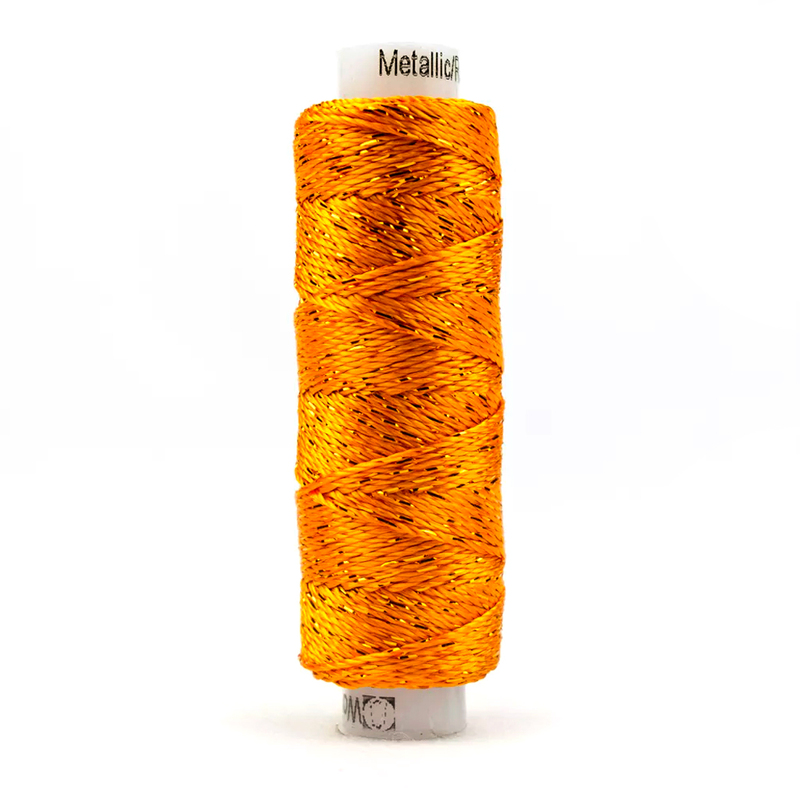 A spool of WonderFil Dazzle 2142 - Zinnia thread on a white background