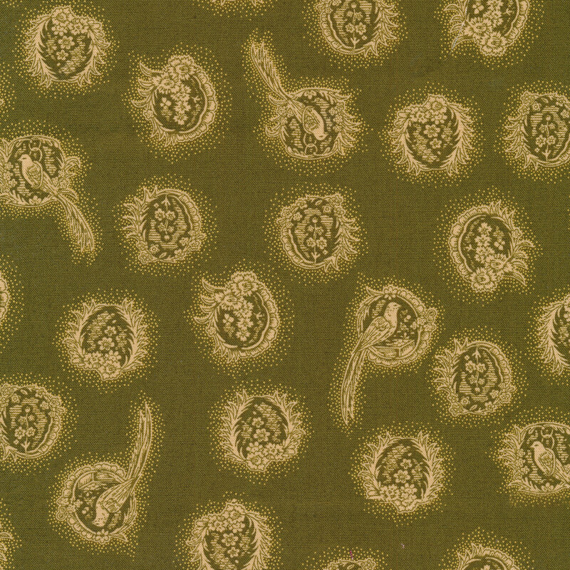 Green fabric features floral wreath medallions with pheasants design | Shabby Fabrics