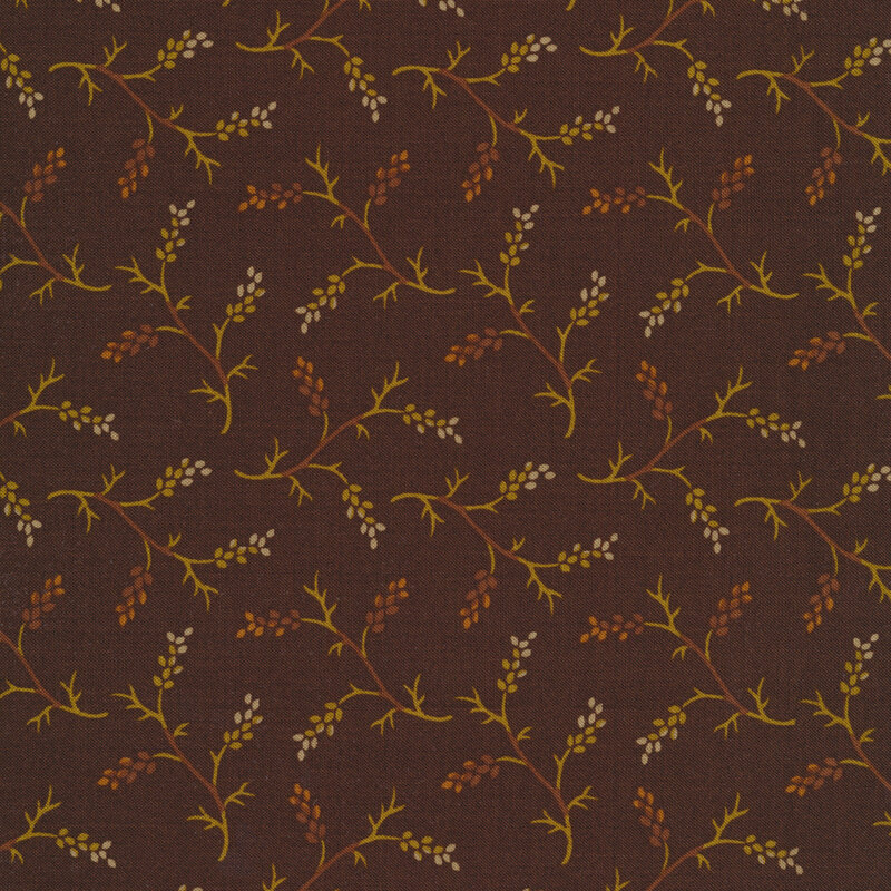 Green and brown sprigs all over a dark brown background