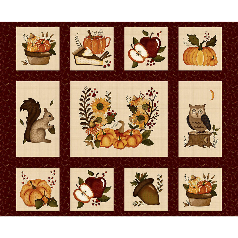 36" Panel featuring a variety of blocks each featuring an autumn time theme