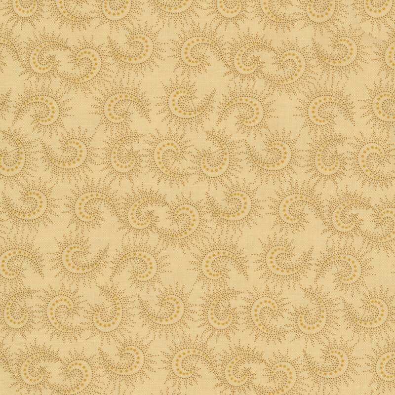 Fabric features a repeating pattern of sunburst swirls in gold on a pale yellow background