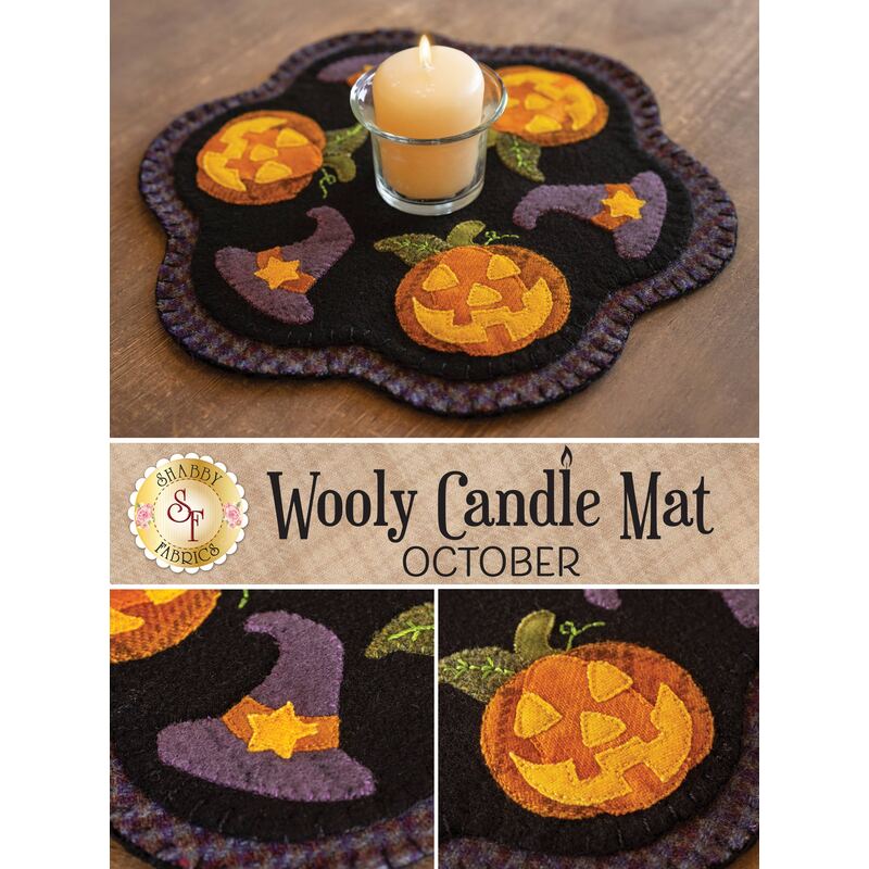 A collage showing the October wool candle mat with pumpkins and witch hats