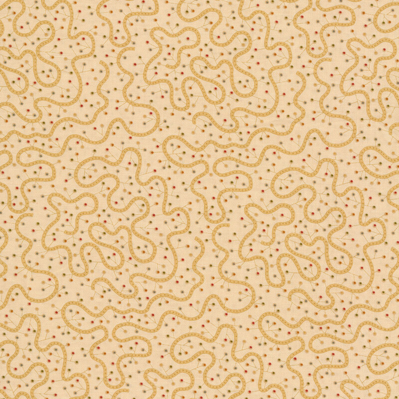 Fabric features tonal tan swirly geometric vine with multicolored buds | Shabby Fabrics