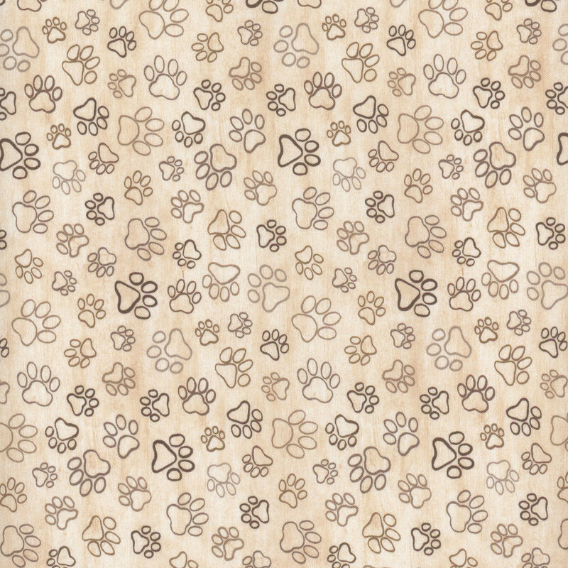 Tossed paw prints all over a textured tan background | Shabby Fabrics