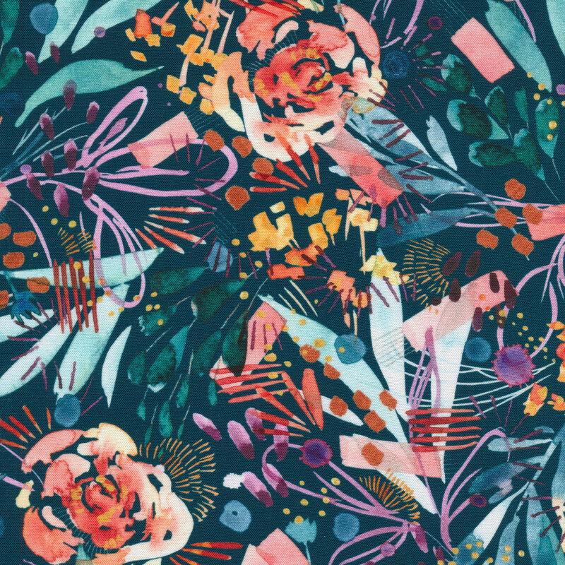 Multicolored watercolor florals with blue leaves all over deep blue | Shabby Fabrics